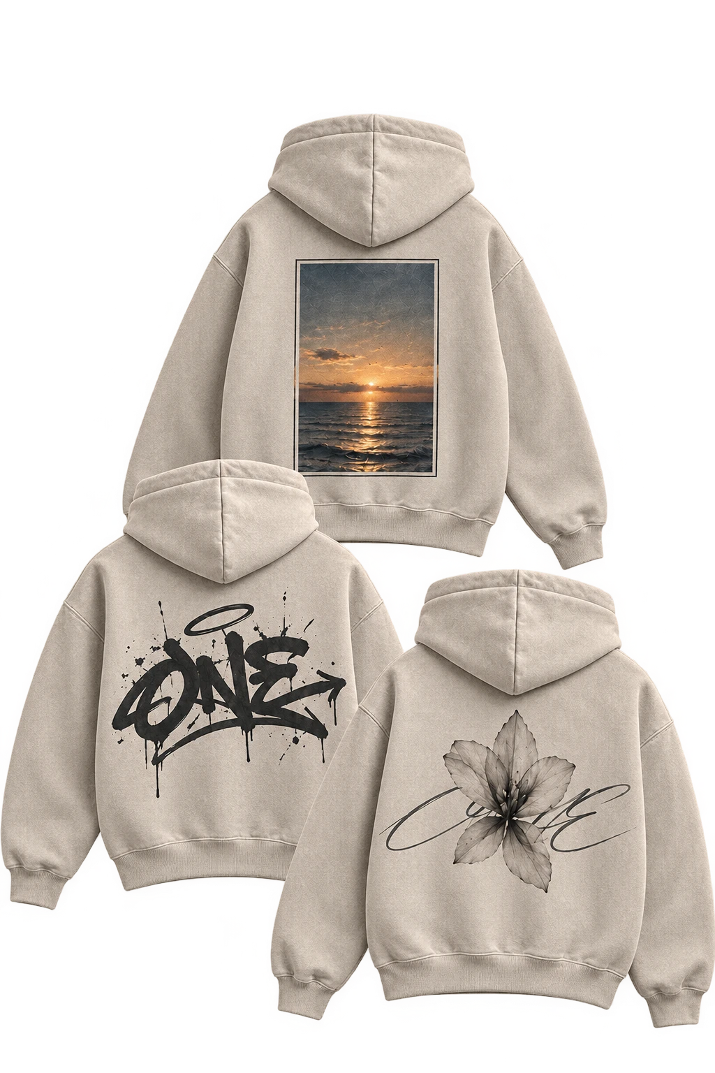 Three ONE hoodies: the sunset, graffiti and flower designs